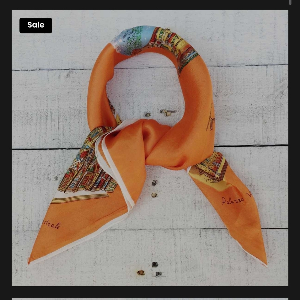 Architectural Print Silk Scarf in Orange Vintage Collectible